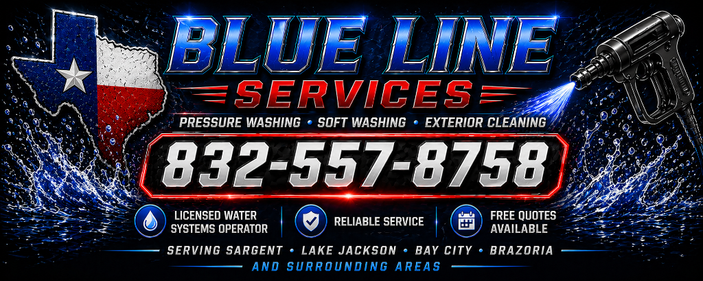 BlueLine Services pressure washing decal with Texas design and phone number